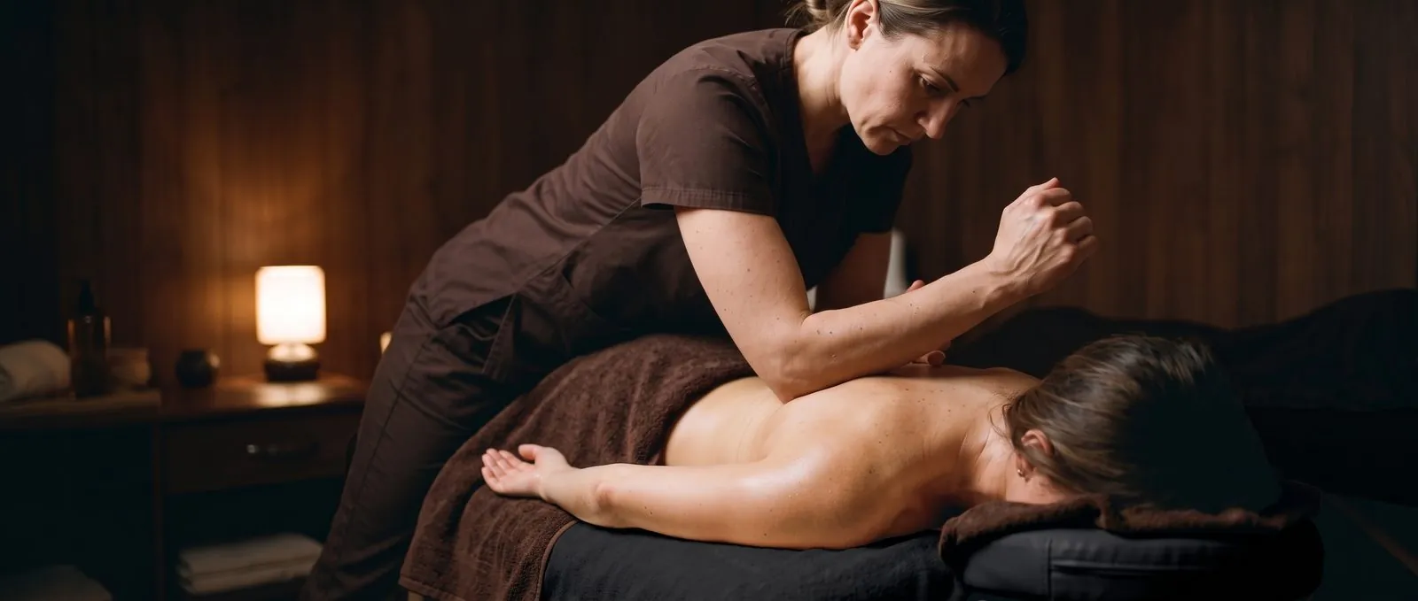 Masajista trabajando hombro y cuello con el antebrazo