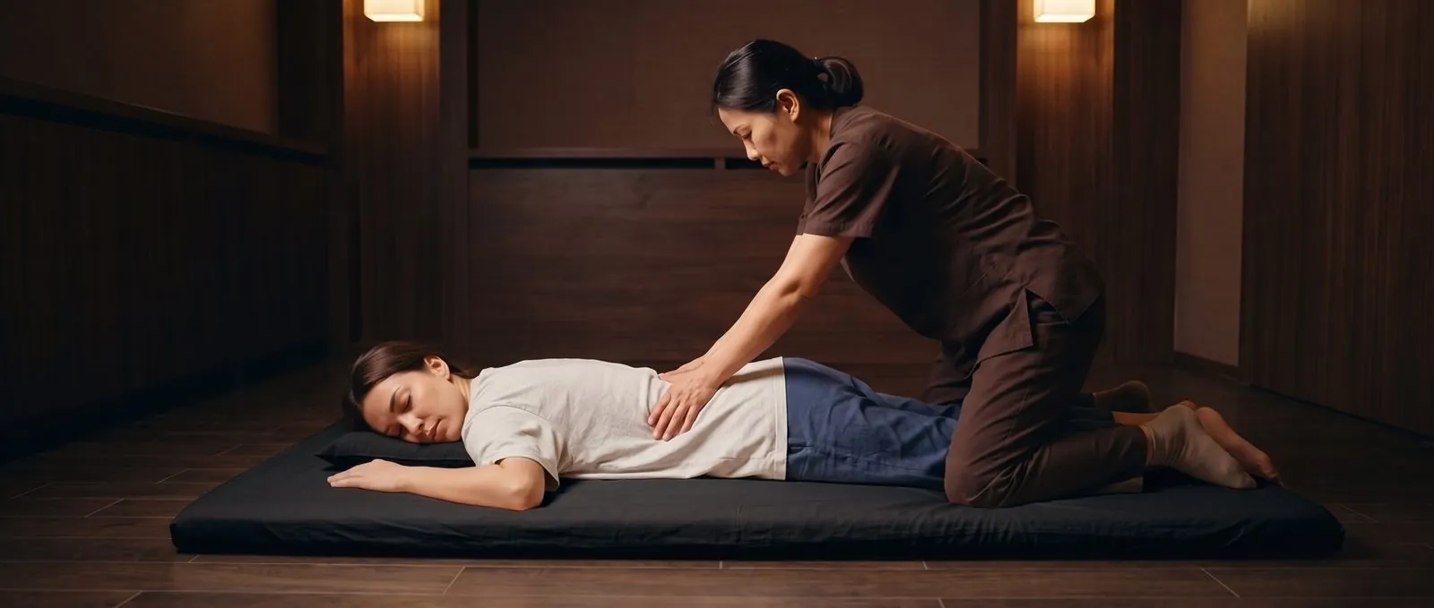 Sesión de shiatsu sobre futón, con la clienta vestida